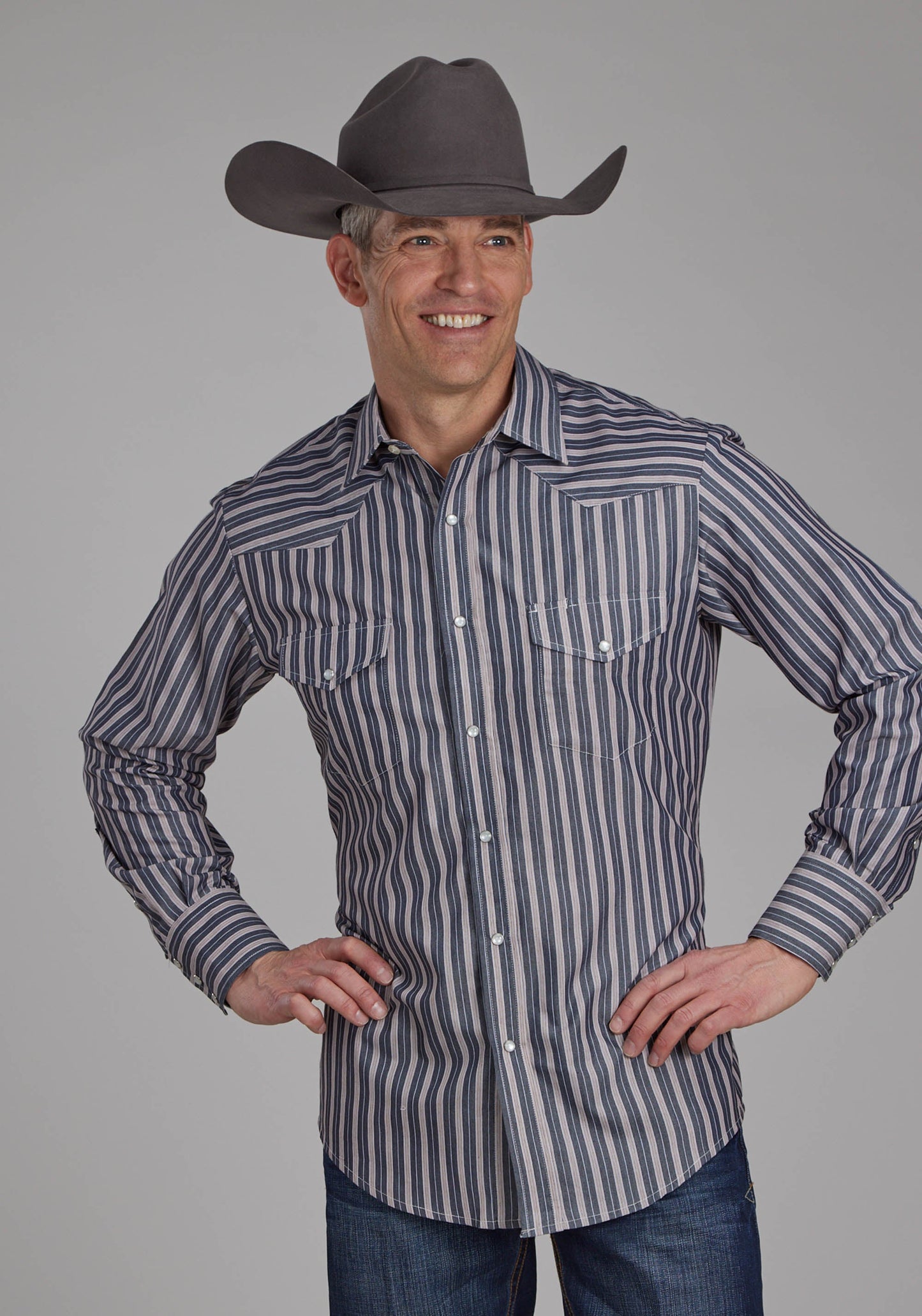 Roper Mens Dark Charcoal Gray And Tan Stripe Long Sleeve Snap Western 