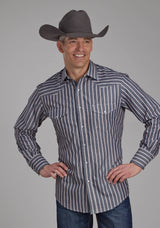 Roper Mens Dark Charcoal Gray And Tan Stripe Long Sleeve Snap Western 
