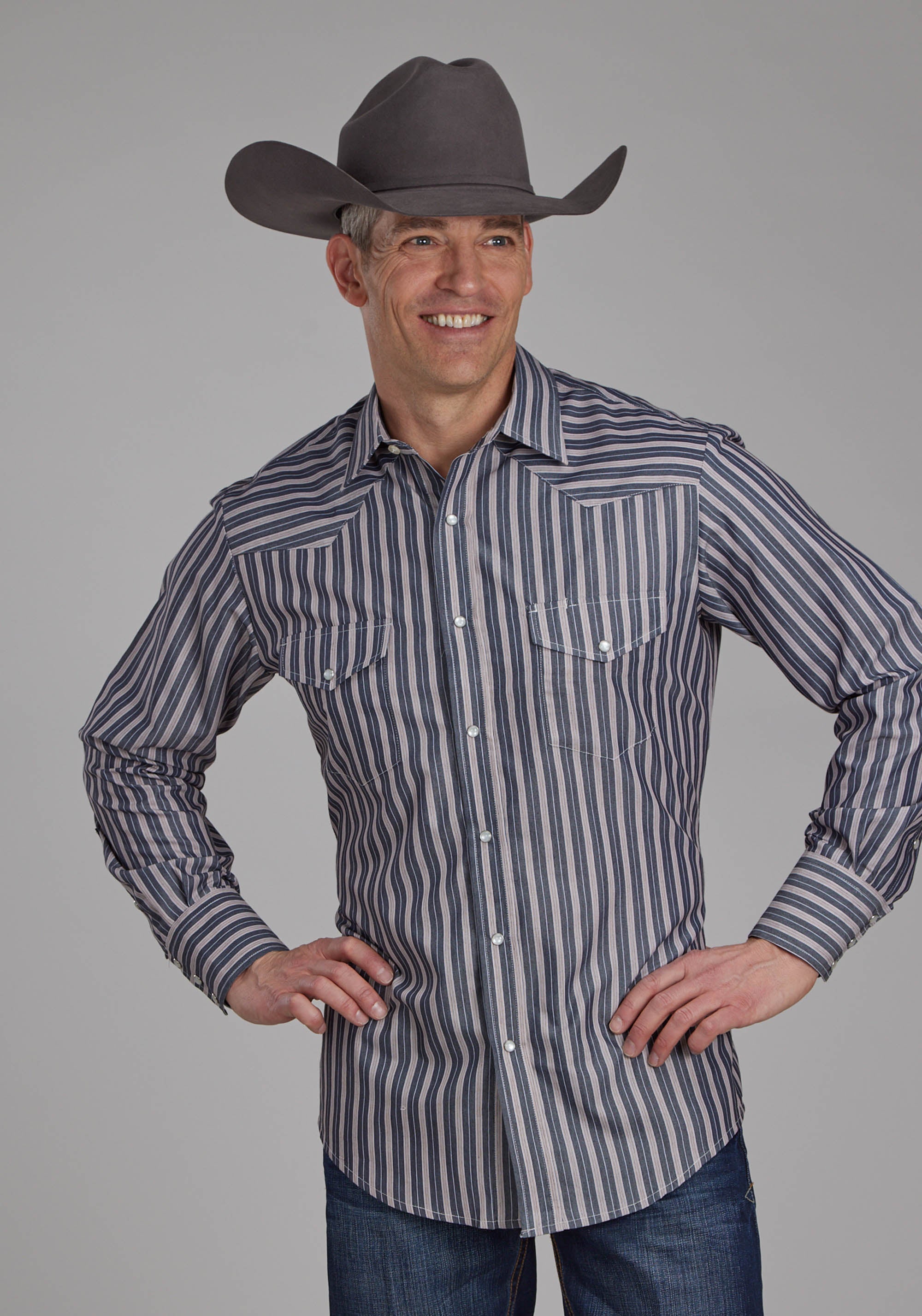 Roper Mens Dark Charcoal Gray And Tan Stripe Long Sleeve Snap Western 