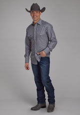 Roper Mens Dark Charcoal Gray And Tan Stripe Long Sleeve Snap Western Shirt
