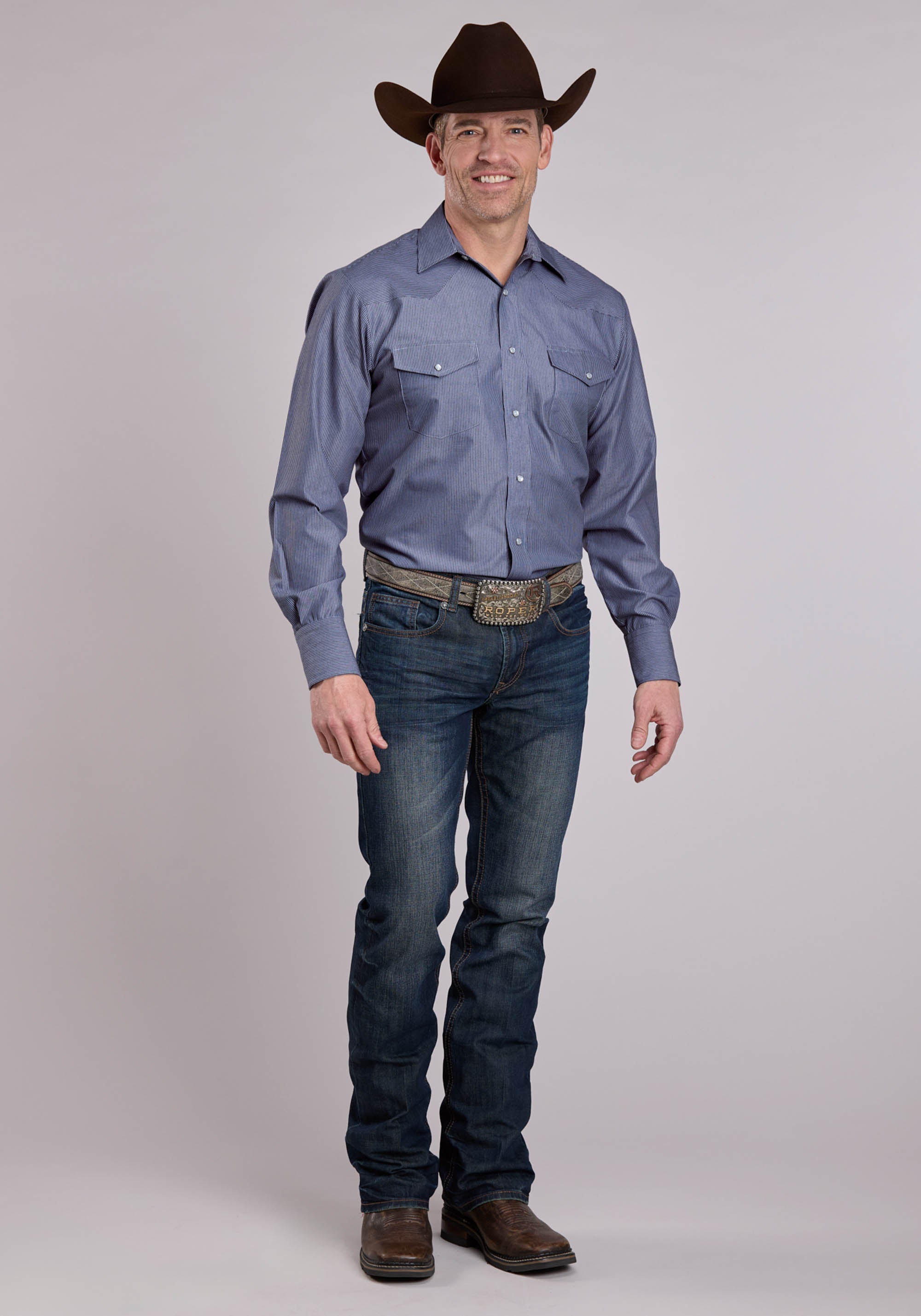 Roper Mens Long Sleeve Snap Thin Blue Stripe Western Shirt