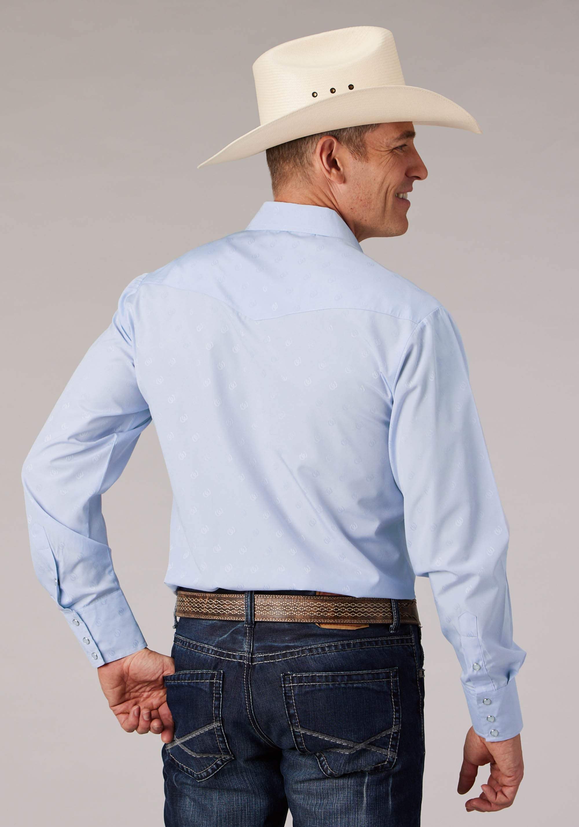 Roper Mens Light Blue Tone On Tone Horseshoes Long Sleeve Snap Western Shirt - Roper - Flyclothing LLC