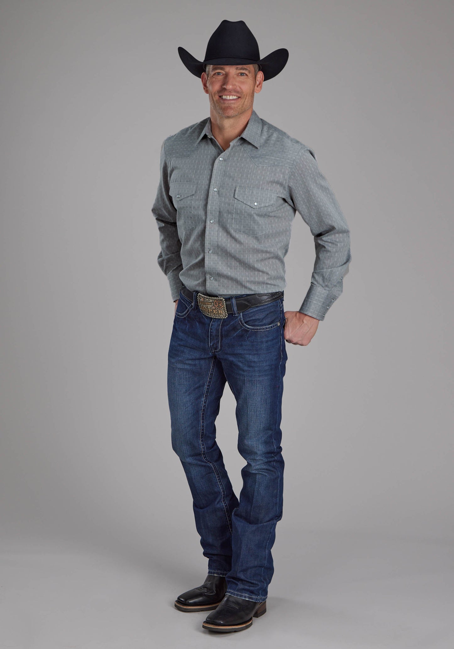 Roper Mens Allover Tone On Tone - Gray Long Sleeve Snap Western Shirt