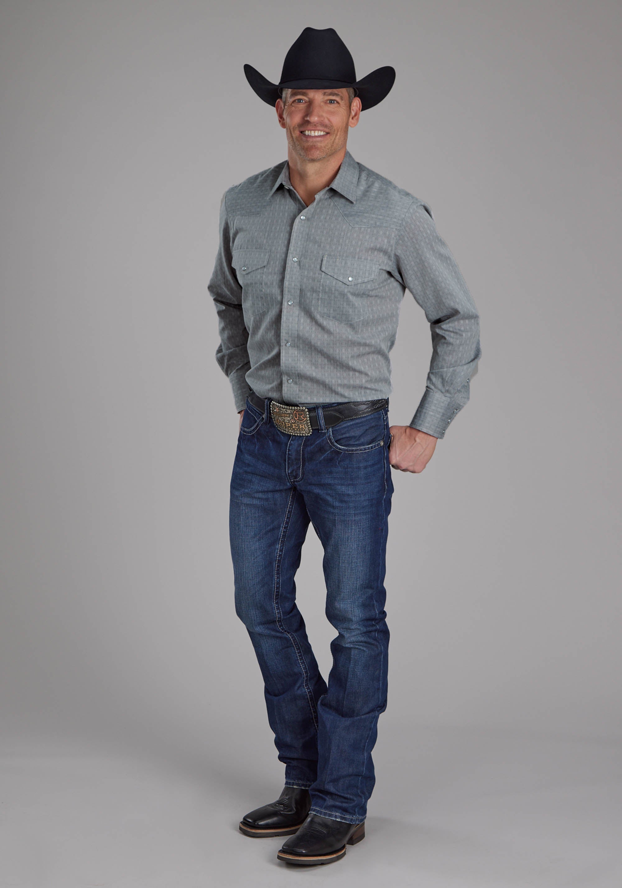 Roper Mens Allover Tone On Tone - Gray Long Sleeve Snap Western Shirt
