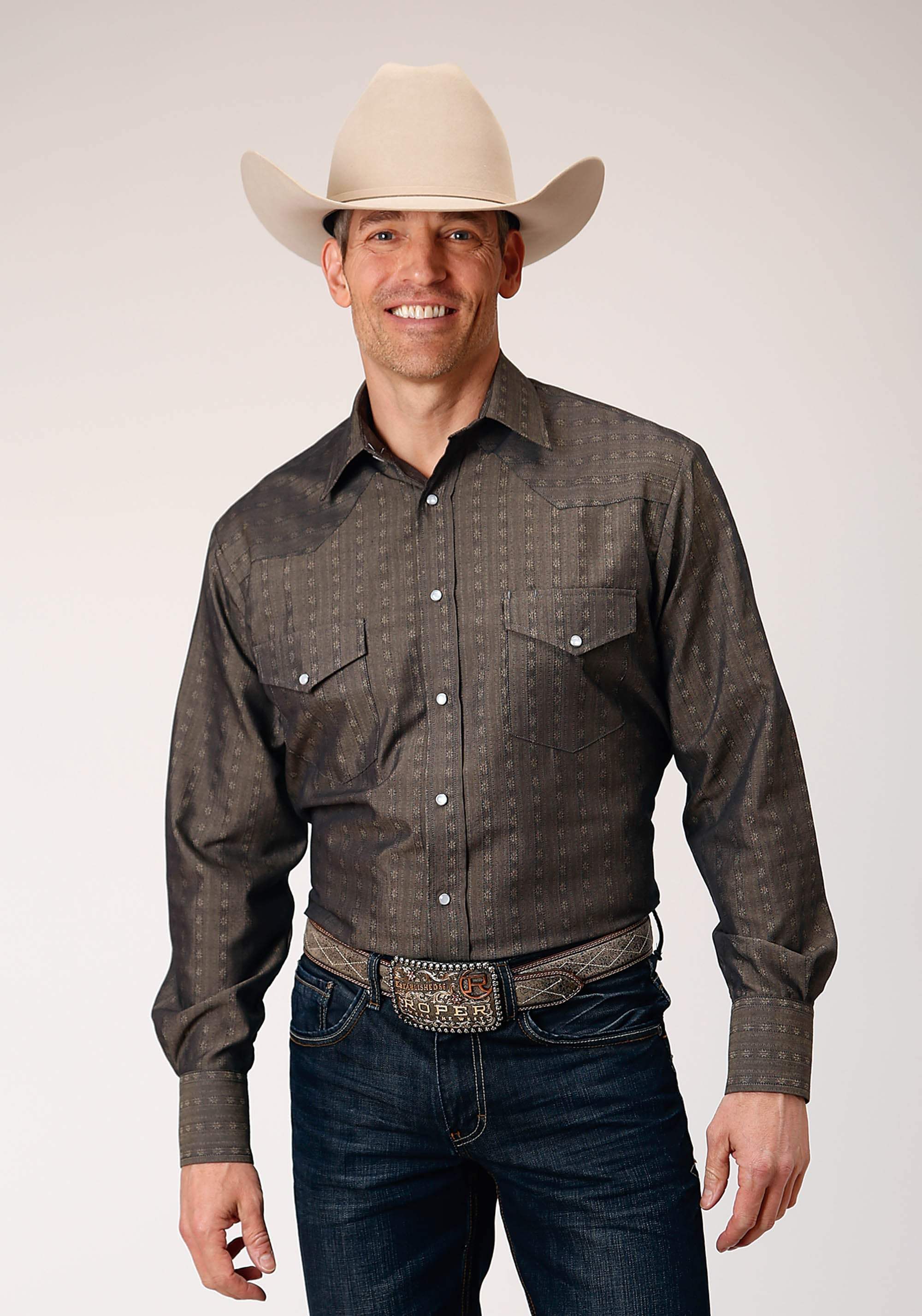 Roper Mens Long Sleeve Snap Grey Floral Stripe Tone On Tone Western Shirt - Roper - Flyclothing LLC