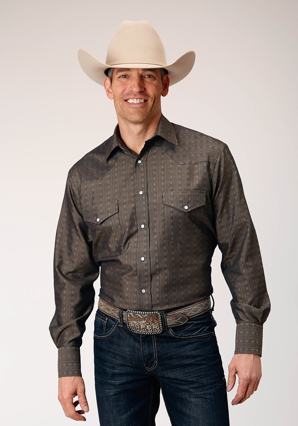 Roper Mens Long Sleeve Snap Grey Floral Stripe Tone On Tone Western Shirt - Roper