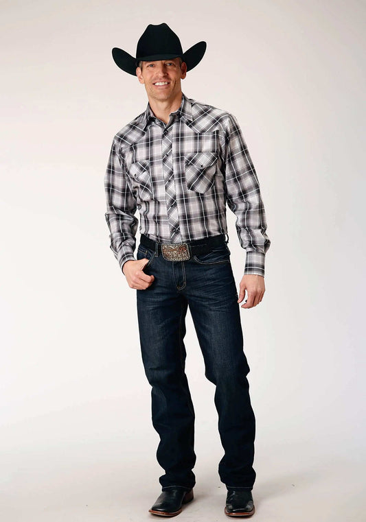 Roper Mens Long Sleeve Snap Black Aqua Grey Plaid Western Shirt Tall Fit - Roper - Flyclothing LLC