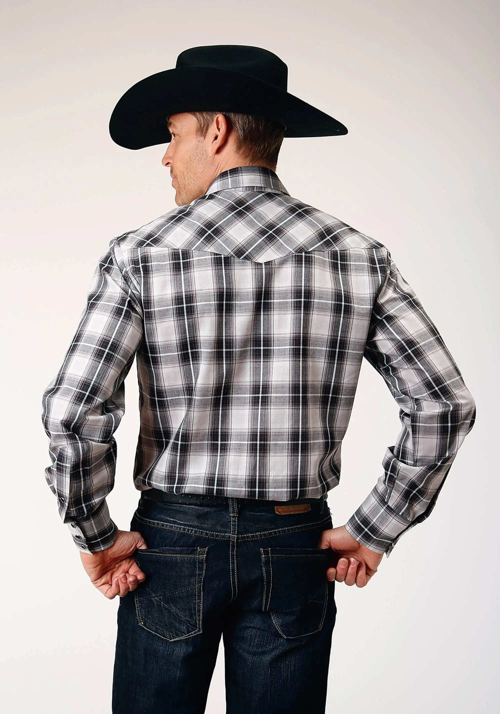 Roper Mens Long Sleeve Snap Black Aqua Grey Plaid Western Shirt Tall Fit - Roper - Flyclothing LLC