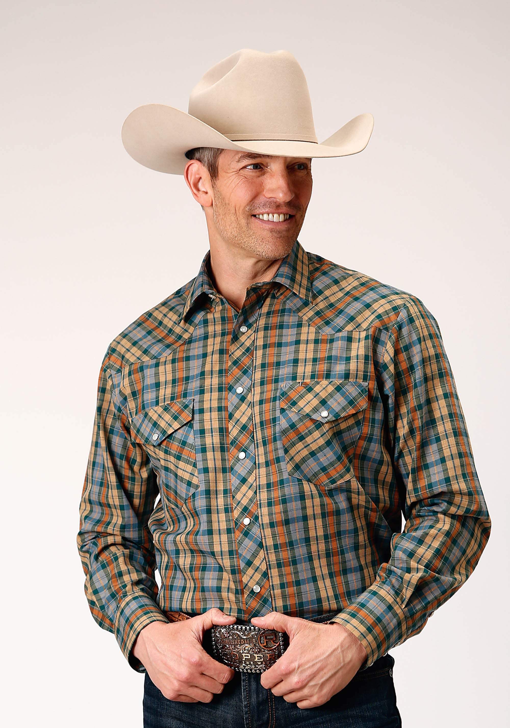 Roper Mens Long Sleeve Snap Green Rust Tan Small Scale Plaid Western Shirt Tall Fit - Roper - Flyclothing LLC