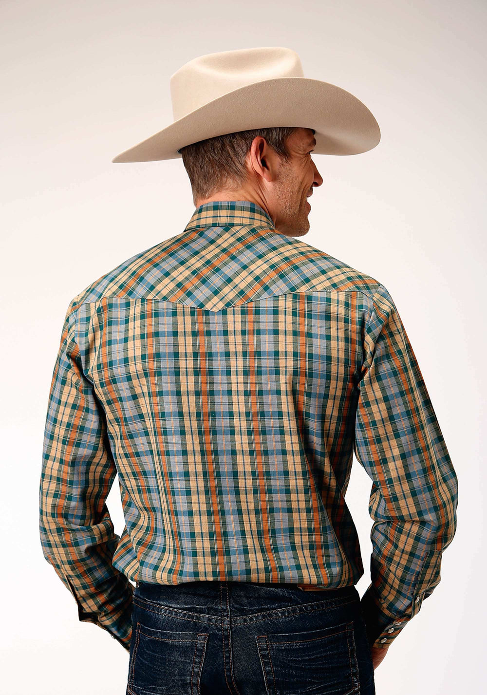 Roper Mens Long Sleeve Snap Green Rust Tan Small Scale Plaid Western Shirt Tall Fit - Roper - Flyclothing LLC