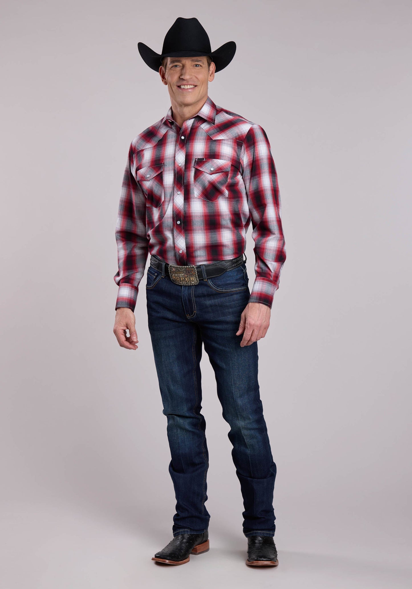 Mens Roper Black Red  White Plaid Long Sleeve Snap Shirt