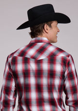 Mens Roper Black Red  White Plaid Long Sleeve Snap Shirt