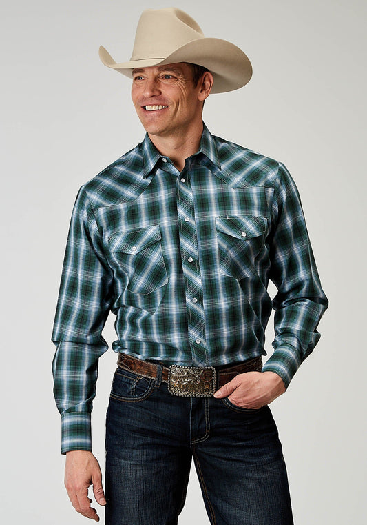 Roper Mens Long Sleeve Snap Ocean Plaid Western Shirt Tall Fit - Roper