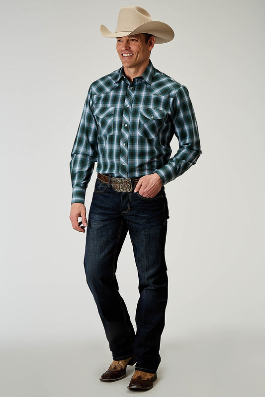 Roper Mens Long Sleeve Snap Ocean Plaid Western Shirt Tall Fit - Roper