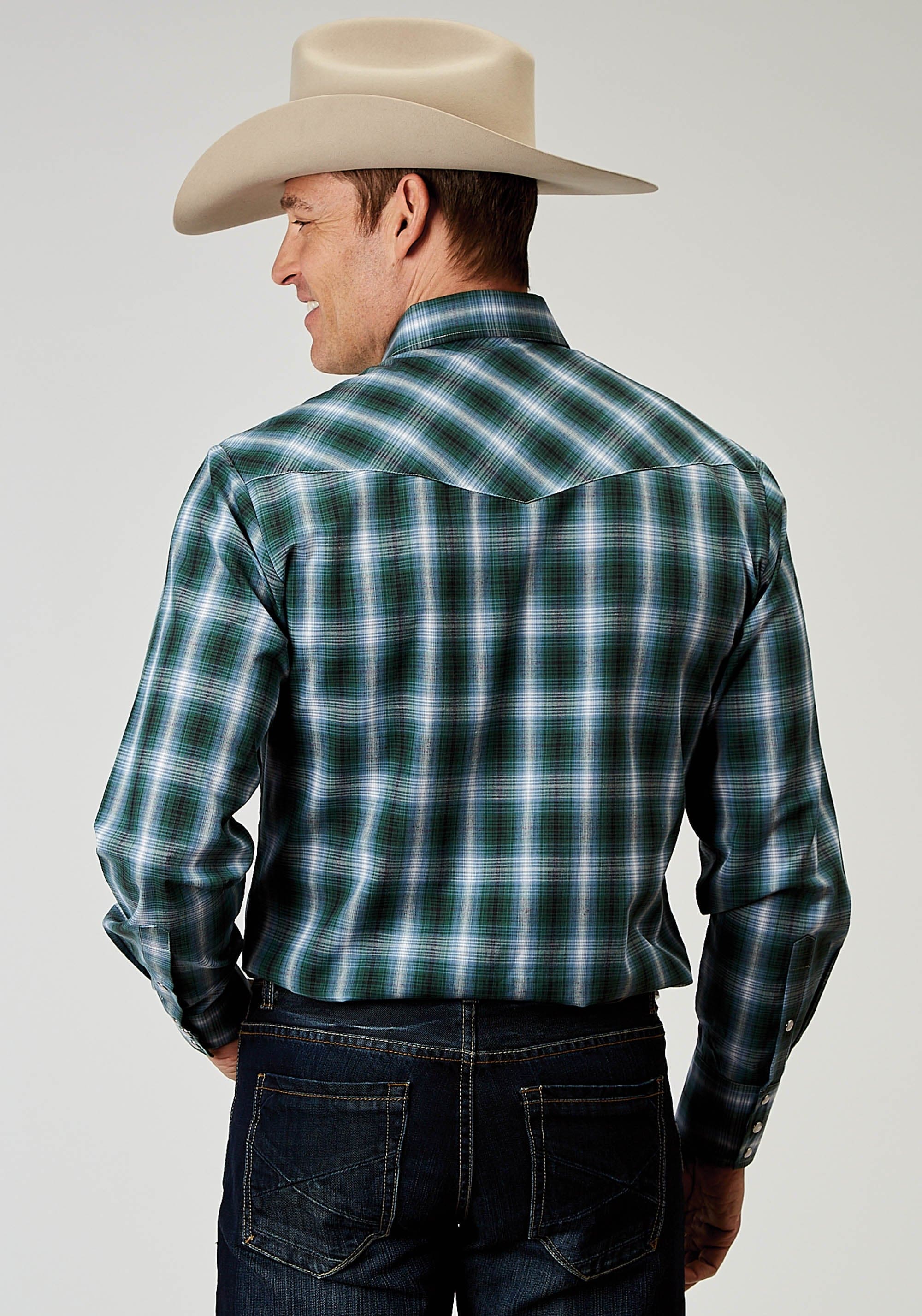 Roper Mens Long Sleeve Snap Ocean Plaid Western Shirt Tall Fit - Roper