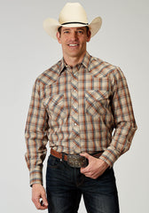 Roper Mens Long Sleeve Snap Brown Plaid Western Shirt Tall Fit - Roper