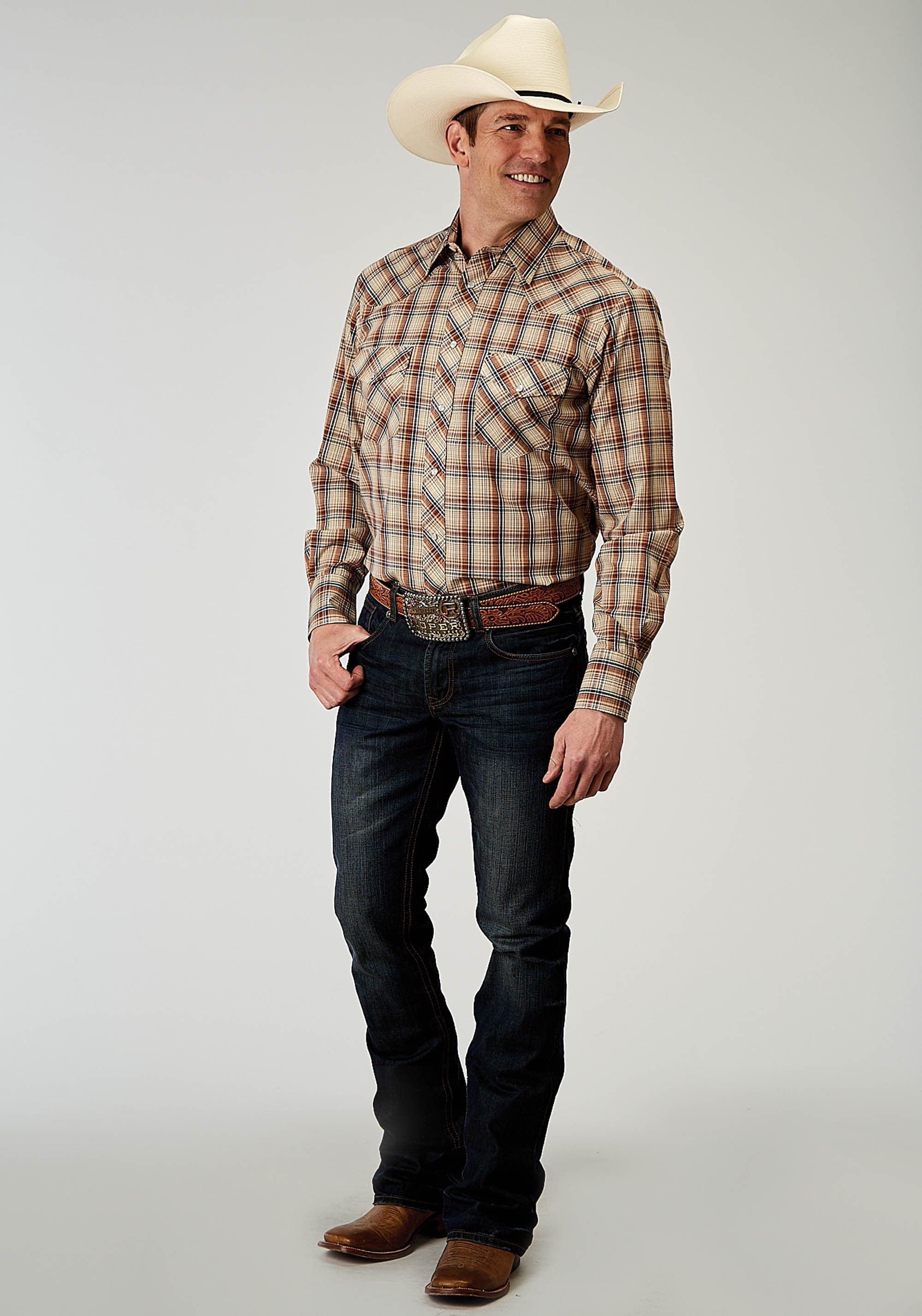 Roper Mens Long Sleeve Snap Brown Plaid Western Shirt Tall Fit - Roper