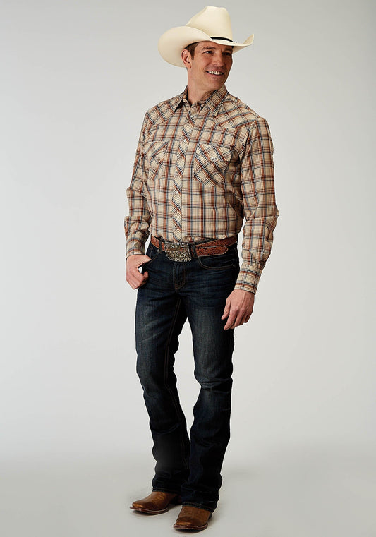 Roper Mens Long Sleeve Snap Brown Plaid Western Shirt Tall Fit - Roper