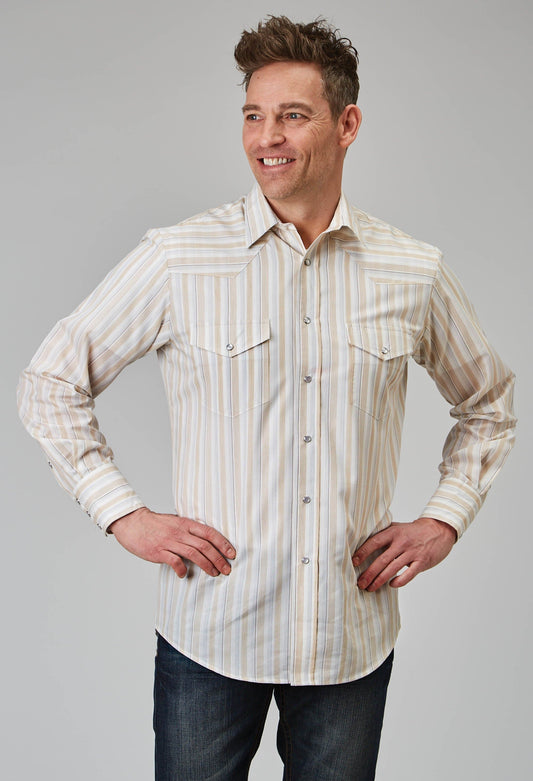 Roper Mens Long Sleeve Snap Neutral Stripe Western Shirt Tall Fit - Roper