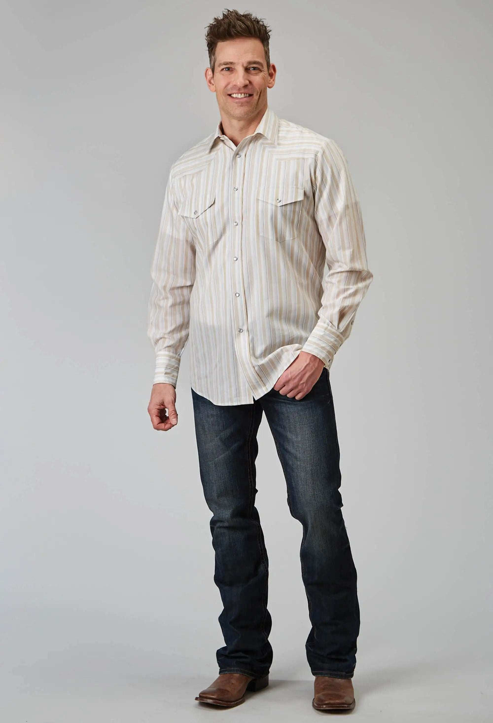Roper Mens Long Sleeve Snap Neutral Stripe Western Shirt Tall Fit - Roper - Flyclothing LLC