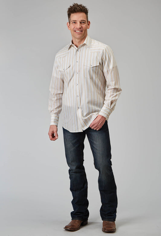 Roper Mens Long Sleeve Snap Neutral Stripe Western Shirt Tall Fit - Roper