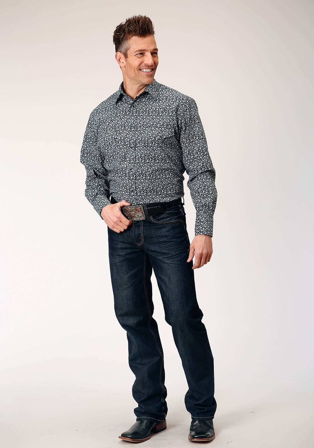 Roper Mens Long Sleeve Snap Black White Floral Print Western Shirt Tall Fit - Roper - Flyclothing LLC