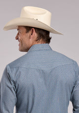 Mens Roper Blue  Cream Floral Wallpaper Stripe Long Sleeve Snap Shirt