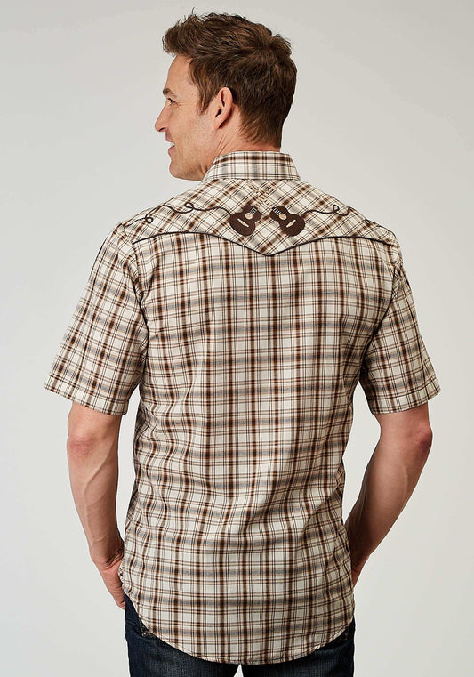 Roper Mens Short Sleeve Snap Desert Plaid Western Shirt With Embroidery On Back Yokes Smile Pockets - Roper - Flyclothing LLC
