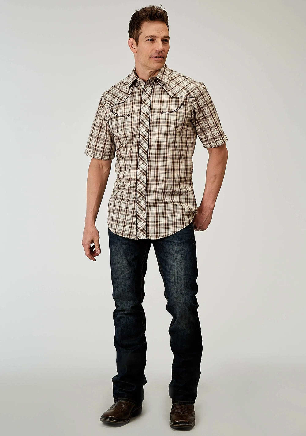 Roper Mens Short Sleeve Snap Desert Plaid Western Shirt With Embroidery On Back Yokes Smile Pockets - Roper - Flyclothing LLC