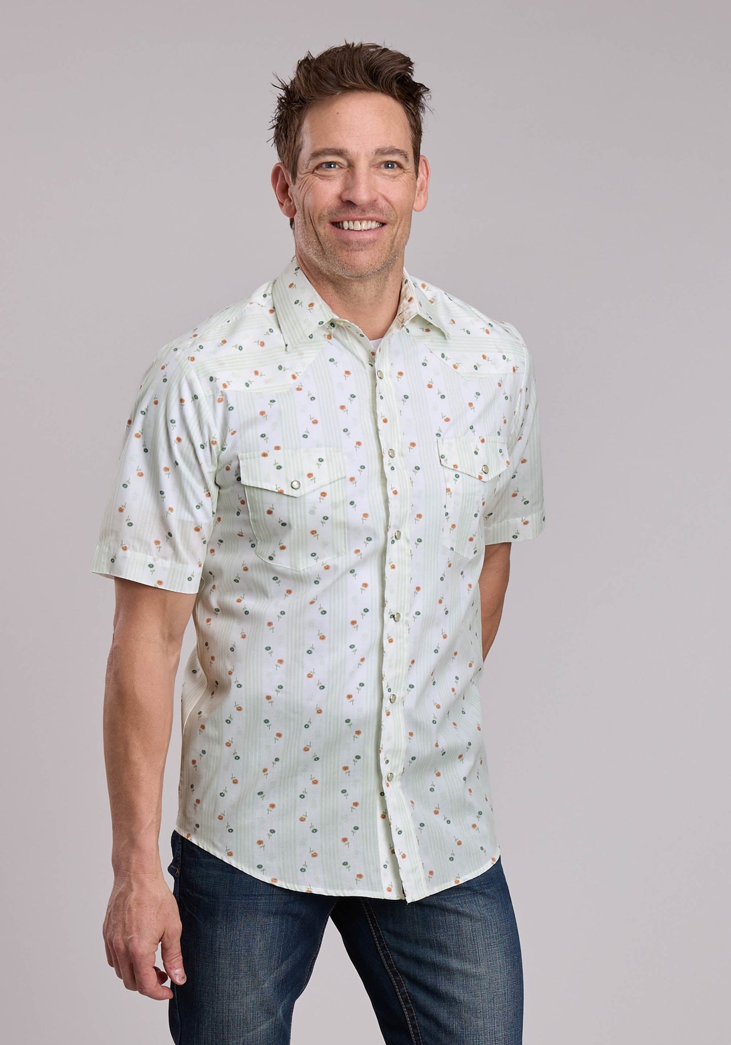Mens Roper Cream Floral Print Short Sleeve Snap Shirt