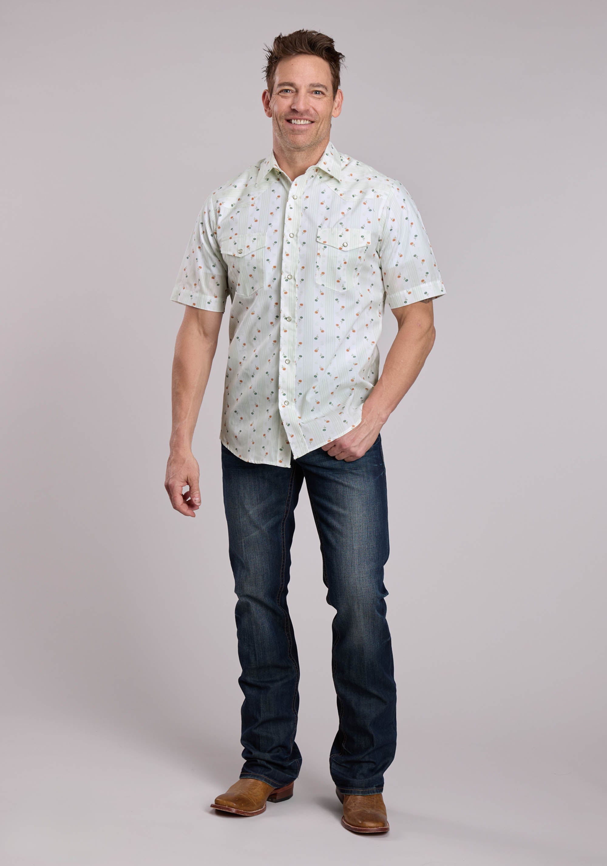 Mens Roper Cream Floral Print Short Sleeve Snap Shirt