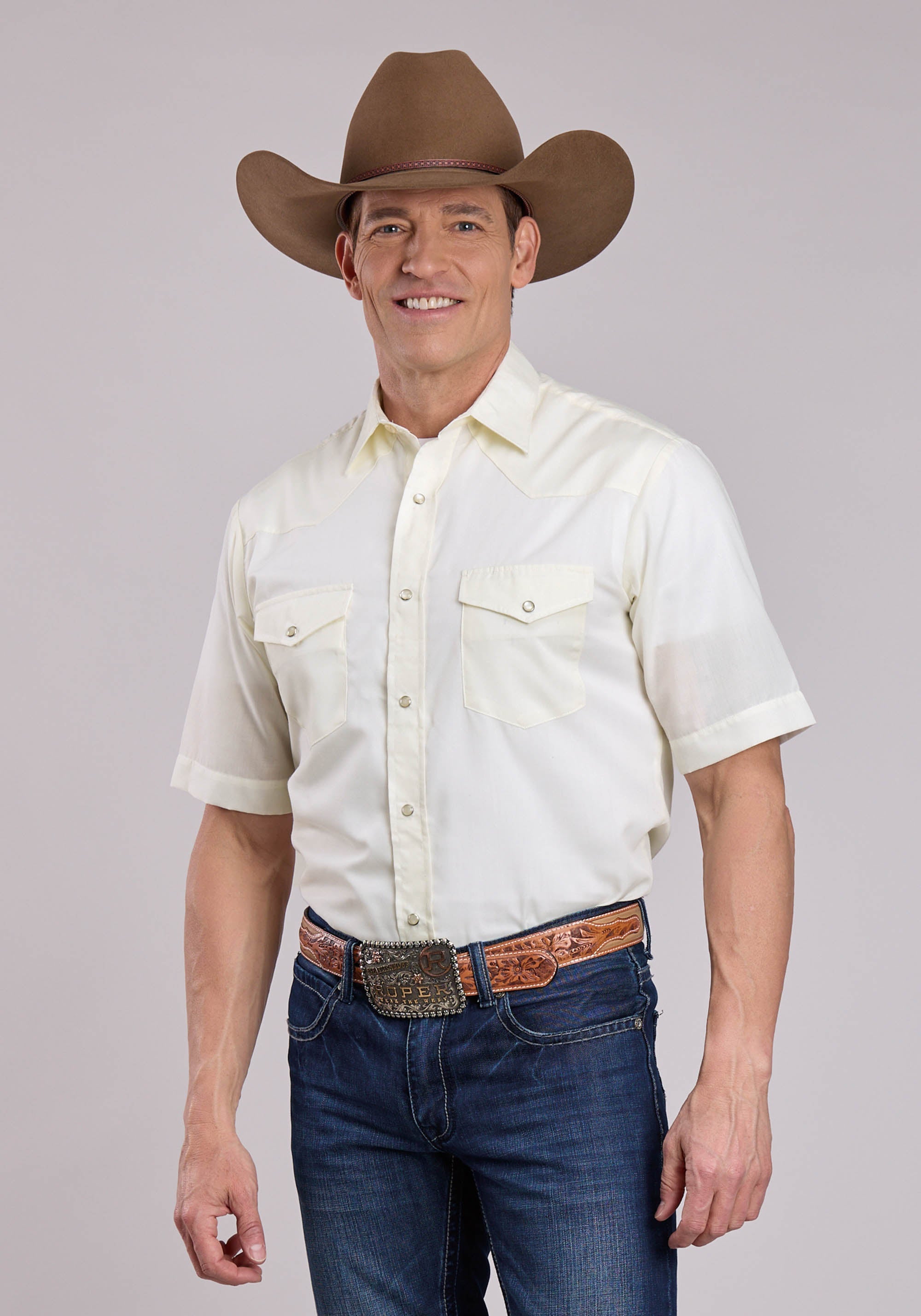 Mens Roper Solid White Short Sleeve Snap Shirt
