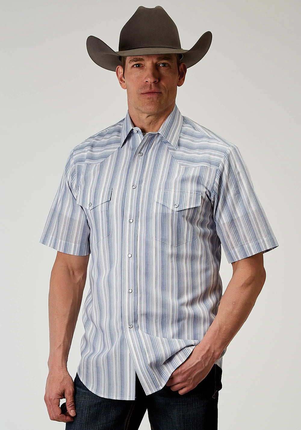 Roper Mens Short Sleeve Snap Blue Stripe Western Shirt - Roper