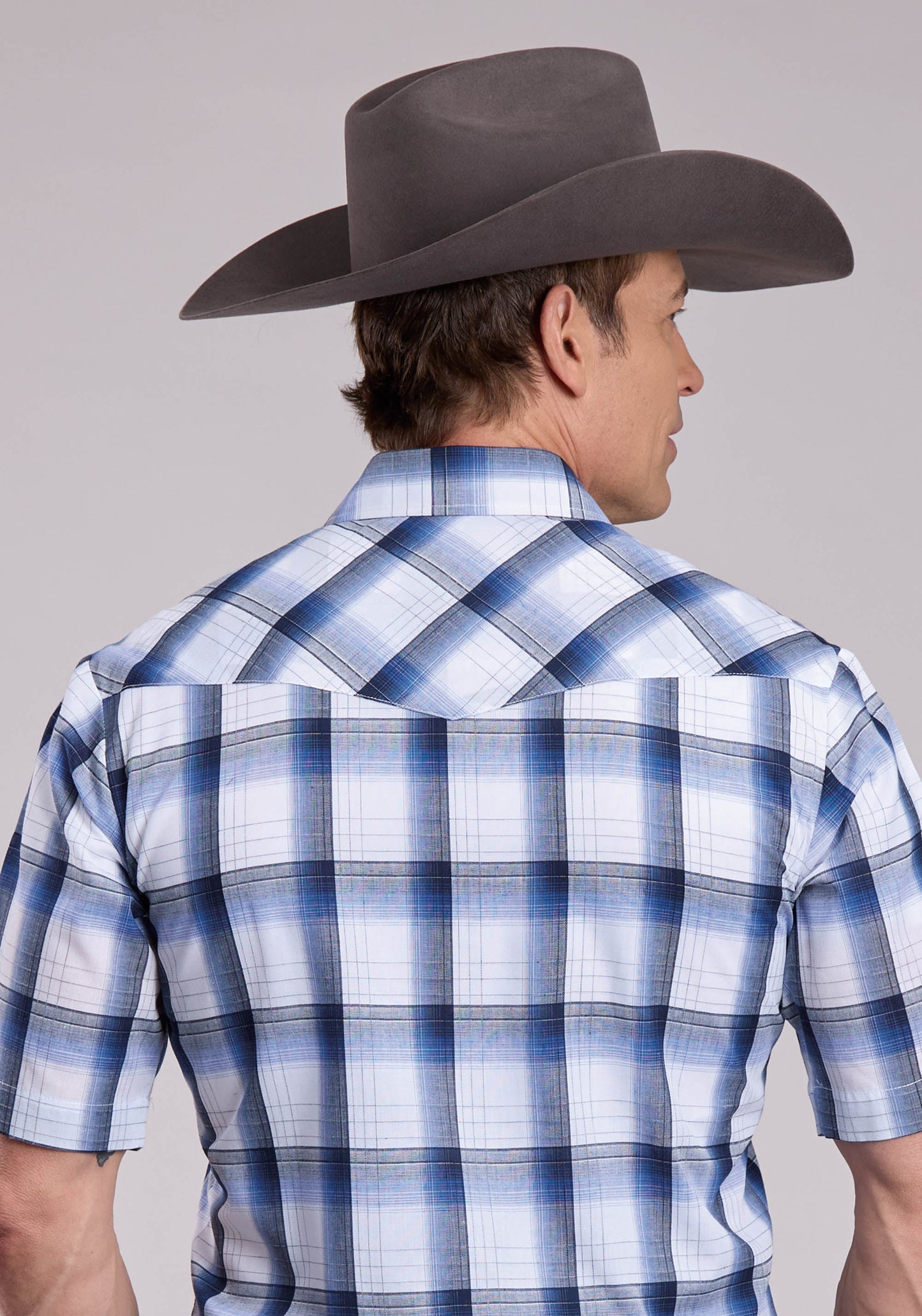 Mens Roper Black Blue  White Plaid Short Sleeve Snap Shirt