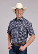Mens Roper Navy Plaid Short Sleeve Snap Shirt