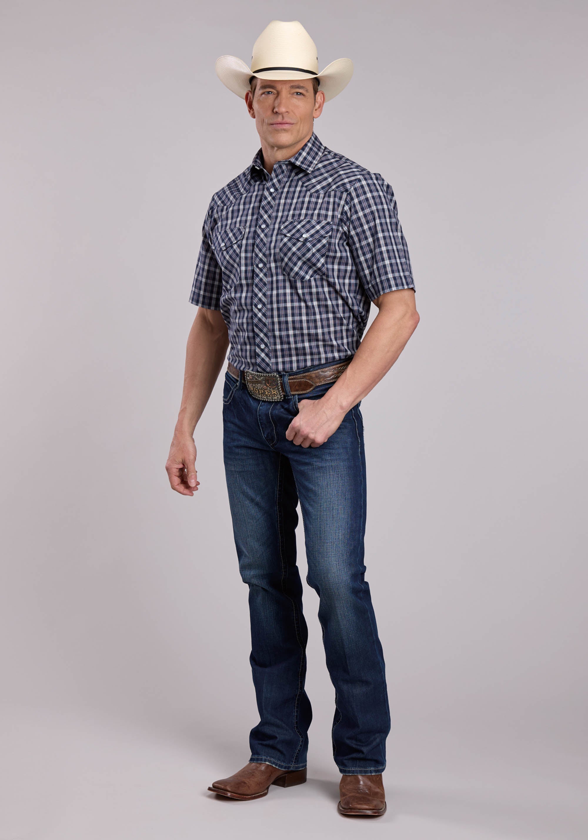 Mens Roper Navy Plaid Short Sleeve Snap Shirt