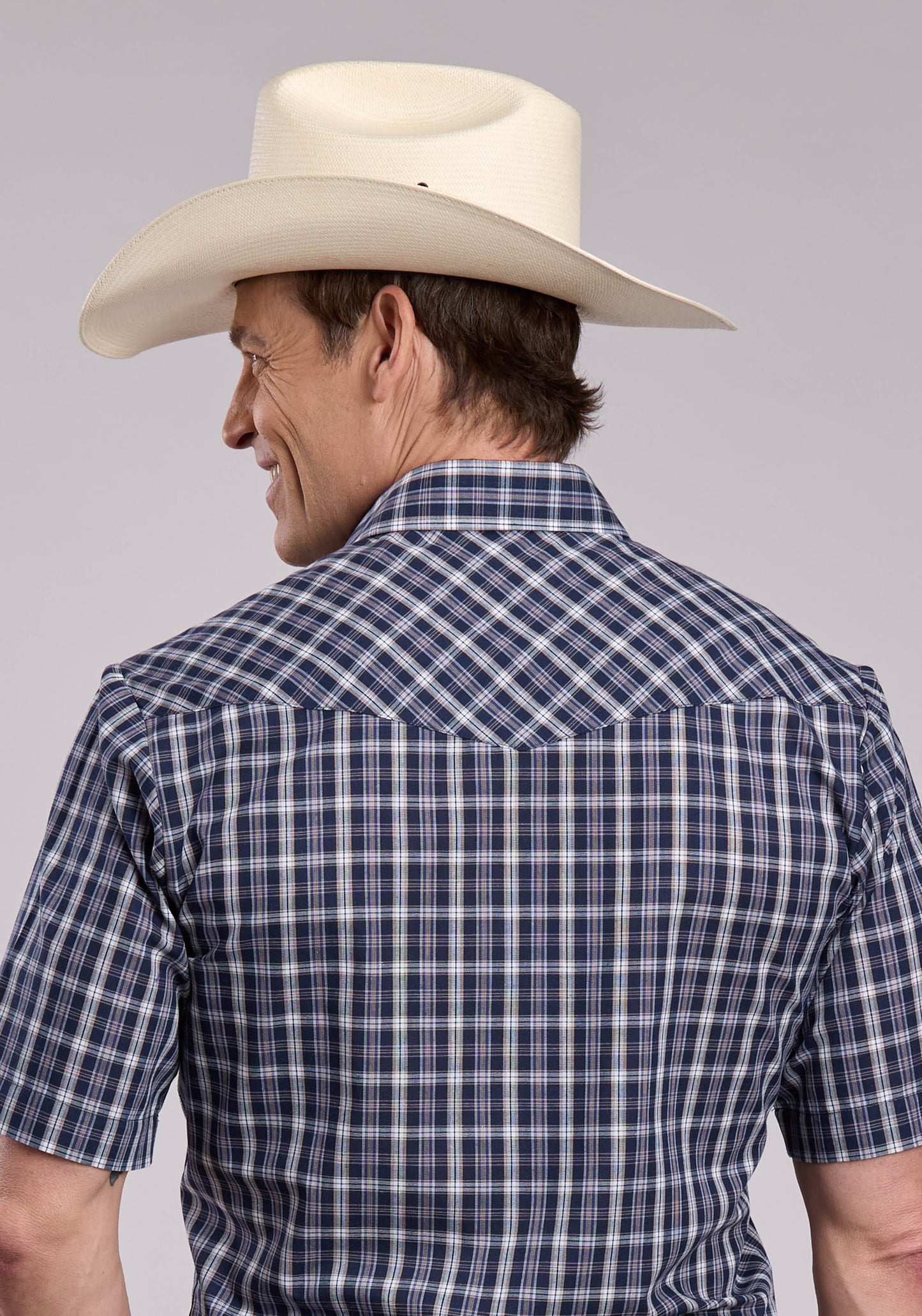 Mens Roper Navy Plaid Short Sleeve Snap Shirt