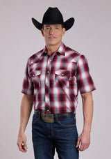 Mens Roper Black Red White Plaid Short Sleeve Snap Shirt - Roper - Flyclothing LLC