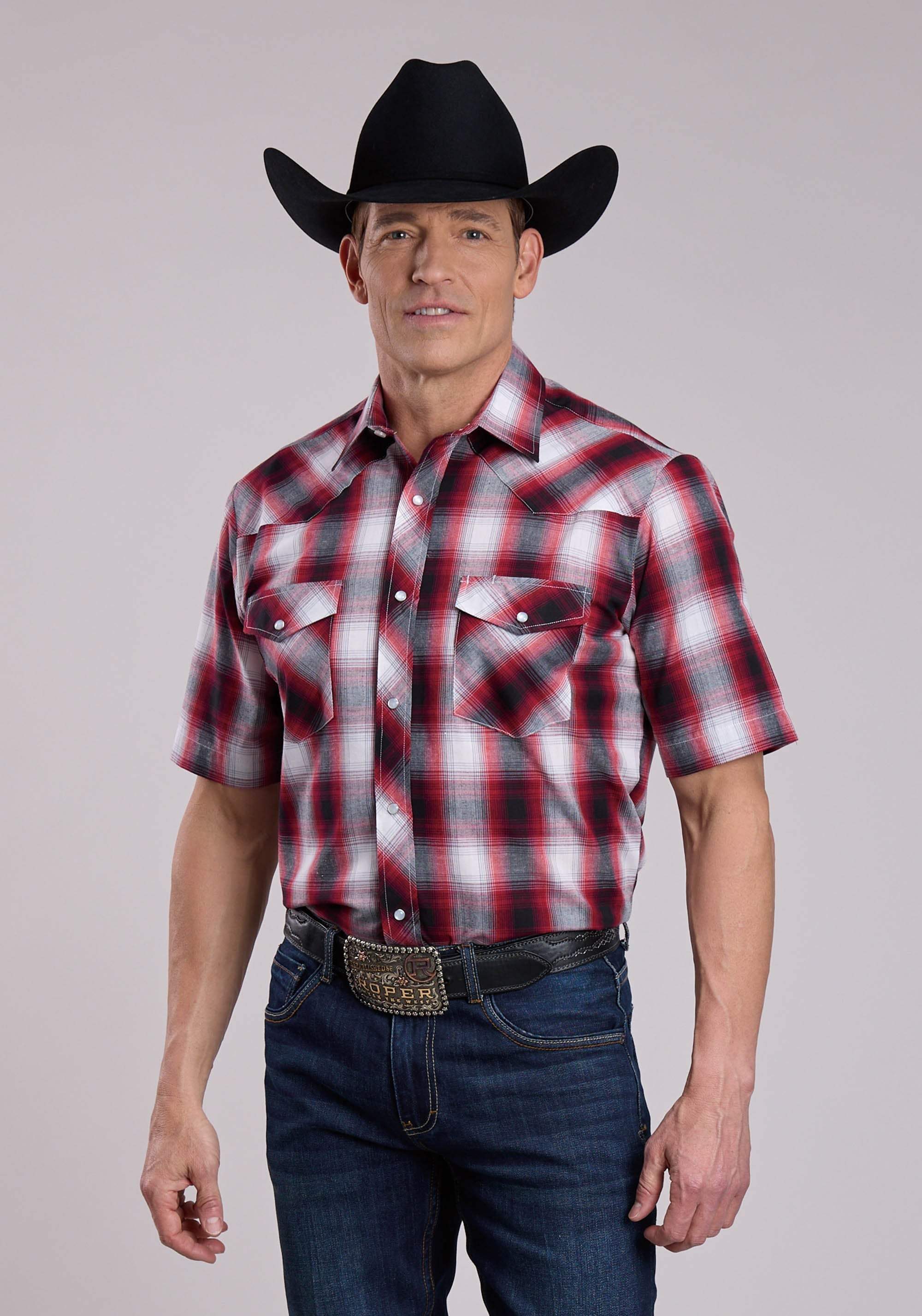 Mens Roper Black Red White Plaid Short Sleeve Snap Shirt - Roper - Flyclothing LLC