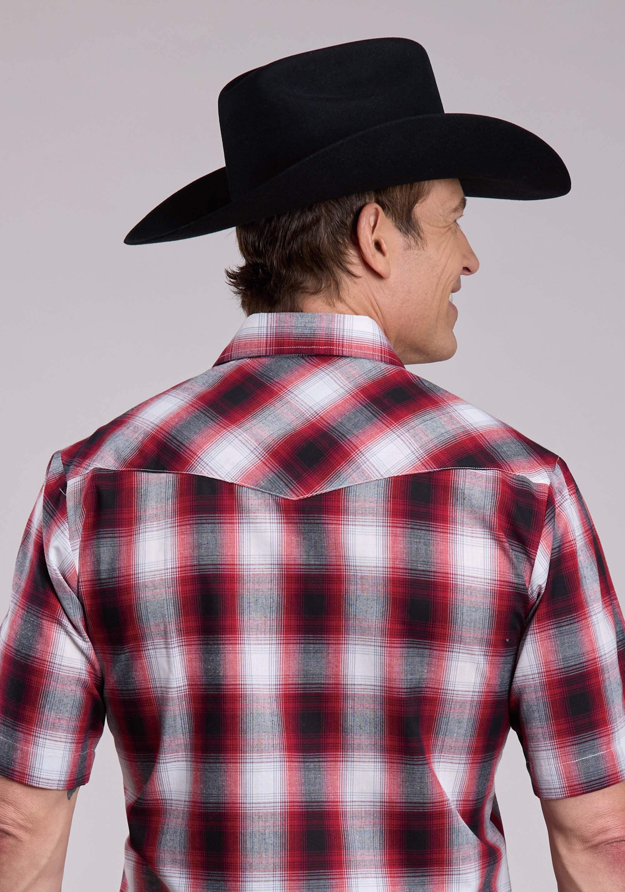 Mens Roper Black Red White Plaid Short Sleeve Snap Shirt - Roper - Flyclothing LLC