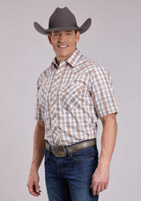 Mens Roper Cream Orange Plaid Short Sleeve Snap Shirt - Roper - Flyclothing LLC