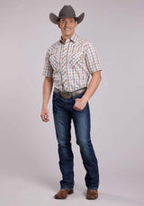 Mens Roper Cream Orange Plaid Short Sleeve Snap Shirt - Roper - Flyclothing LLC
