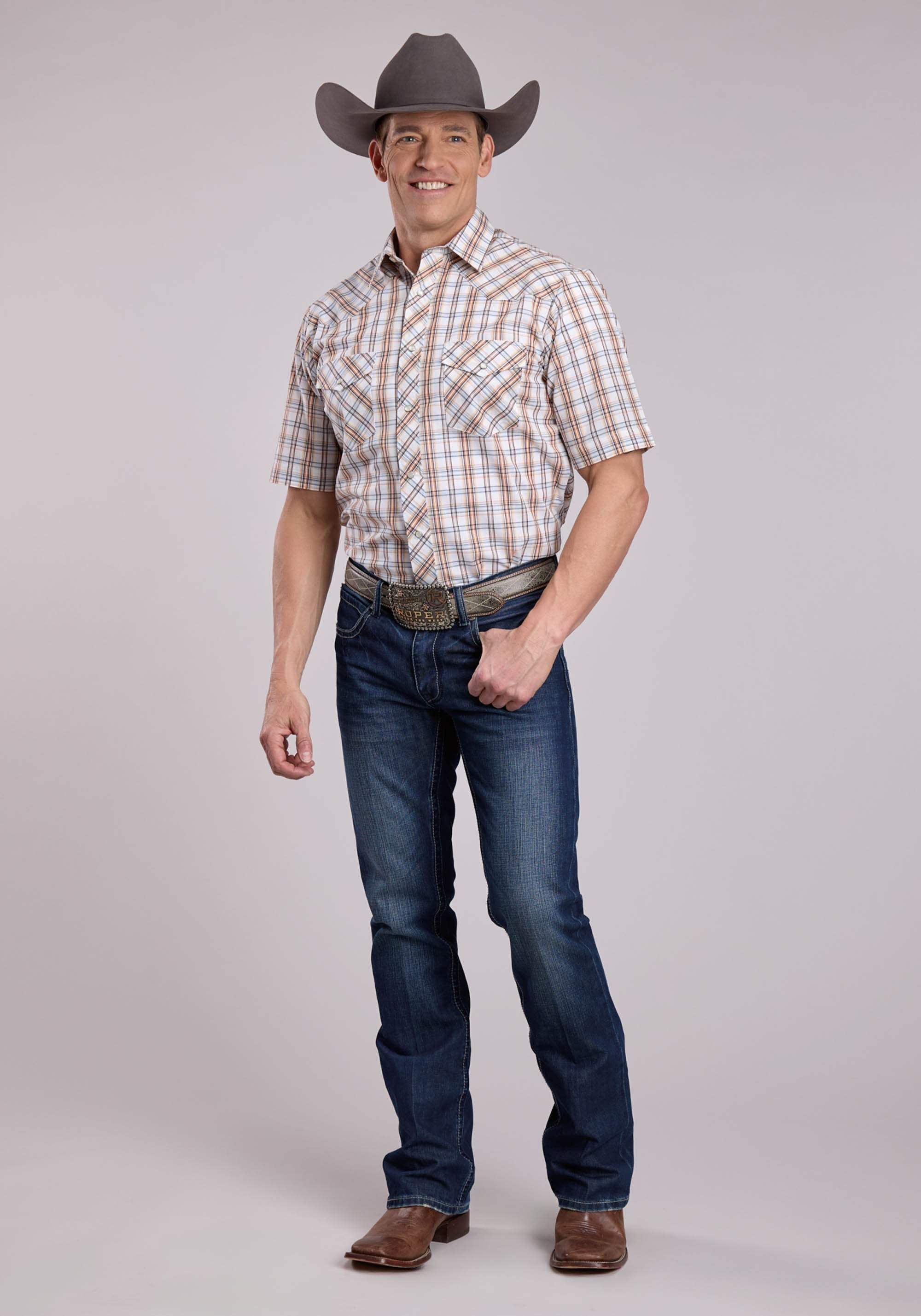 Mens Roper Cream Orange Plaid Short Sleeve Snap Shirt - Roper - Flyclothing LLC