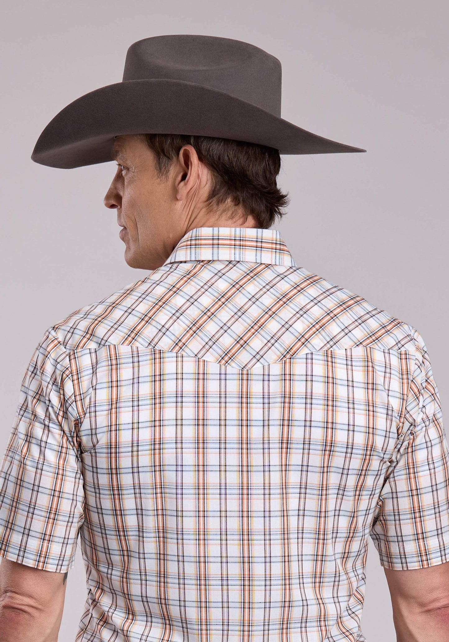 Mens Roper Cream Orange Plaid Short Sleeve Snap Shirt - Roper - Flyclothing LLC
