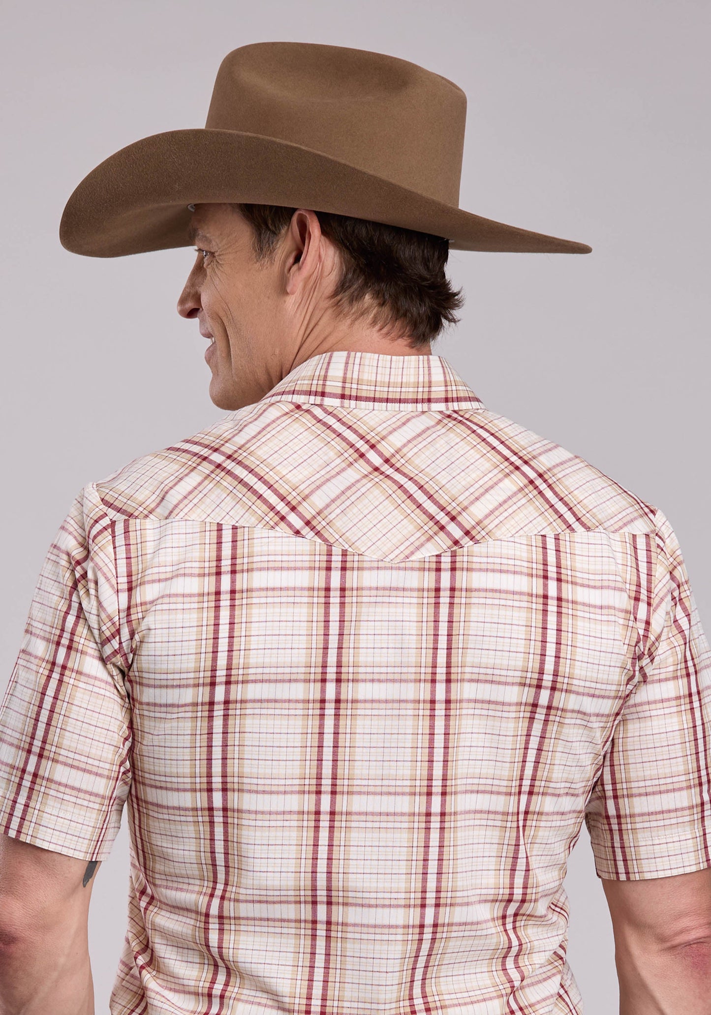 Mens Roper Cream Tan  Wine Plaid Short Sleeve Snap Shirt