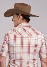 Mens Roper Cream Tan  Wine Plaid Short Sleeve Snap Shirt