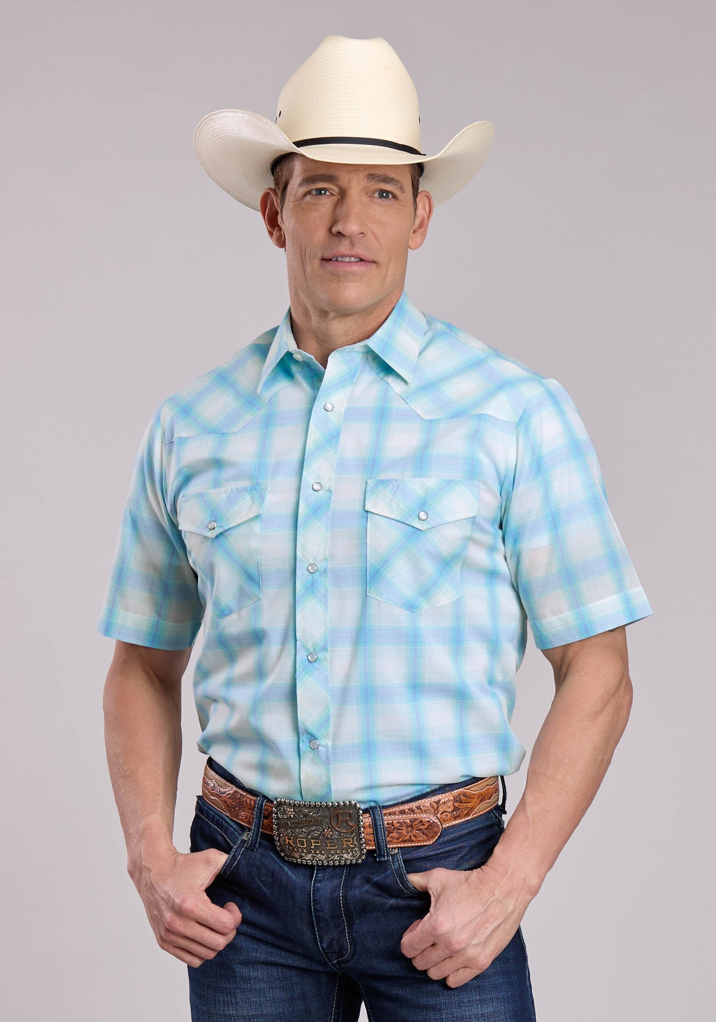 Mens Roper Cyan Plaid Short Sleeve Snap Shirt