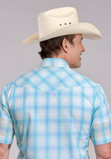 Mens Roper Cyan Plaid Short Sleeve Snap Shirt