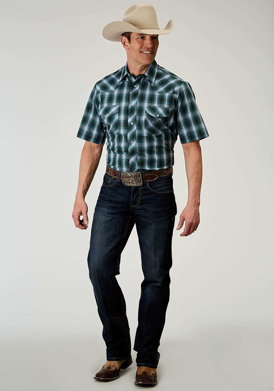 Roper Mens Short Sleeve Snap Ocean Plaid Western Shirt - Roper - Flyclothing LLC