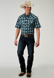 Roper Mens Short Sleeve Snap Ocean Plaid Western Shirt - Roper